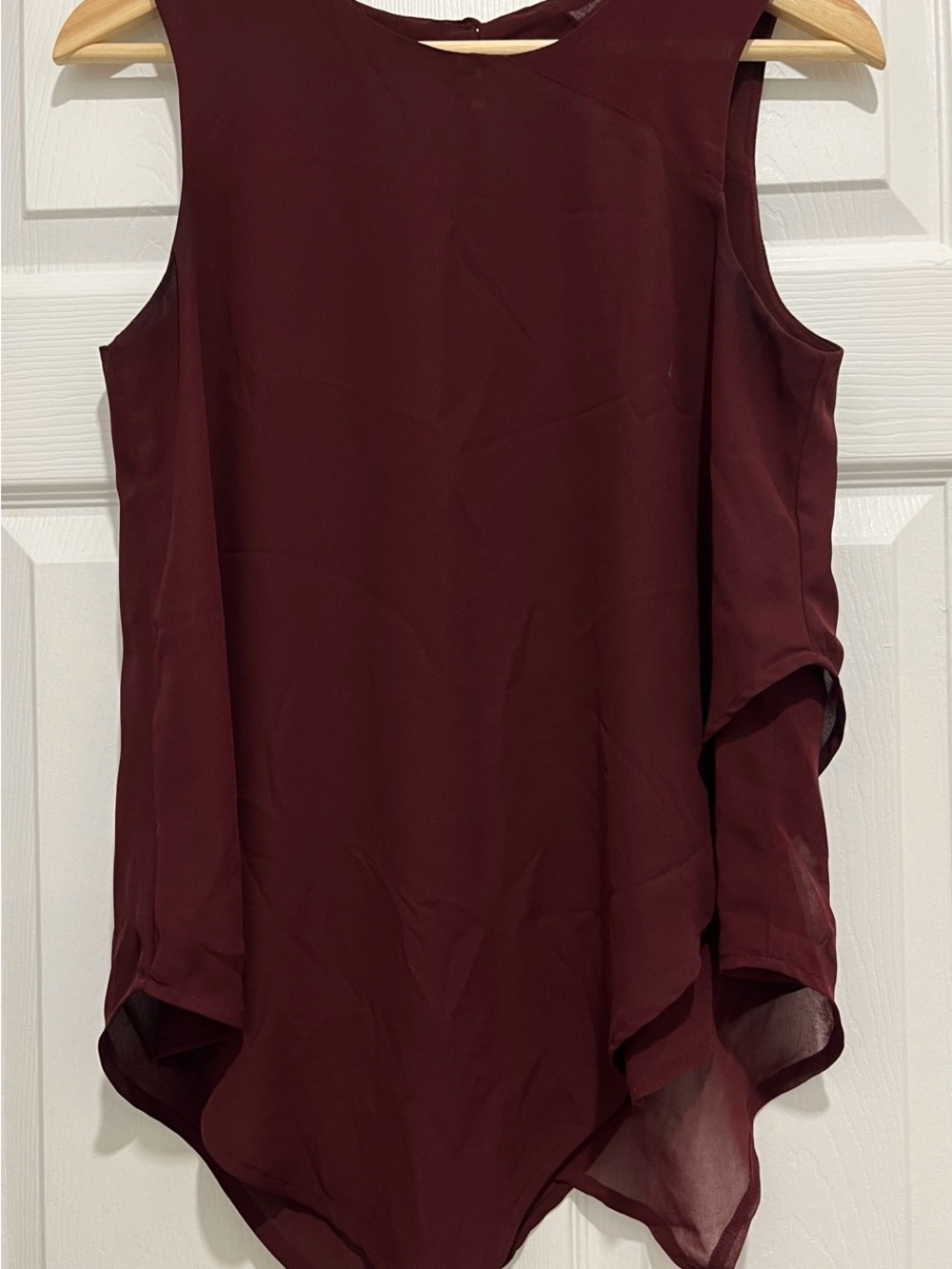 Ann Taylor Factory Sleeveless Wine-Red Top with Flowy Asymmetrical Hem